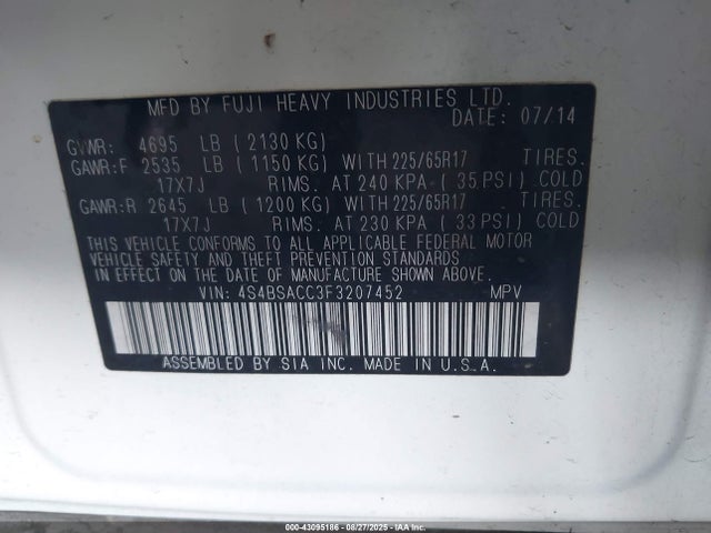 4S4BSACC3F3207452 Subaru 2.5l u5