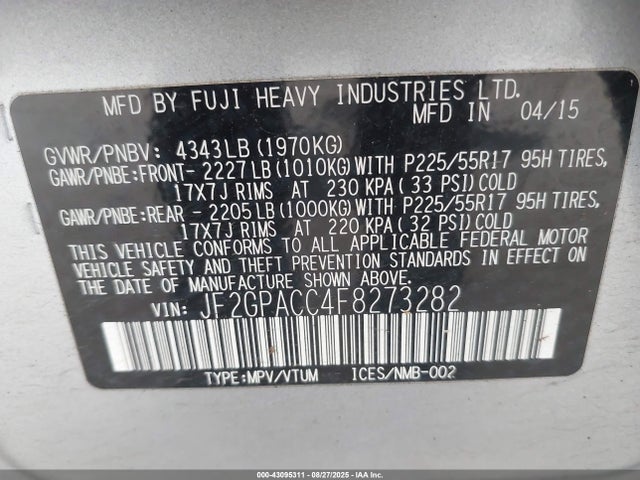 JF2GPACC4F8273282 Subaru 2.0l naturally aapirated