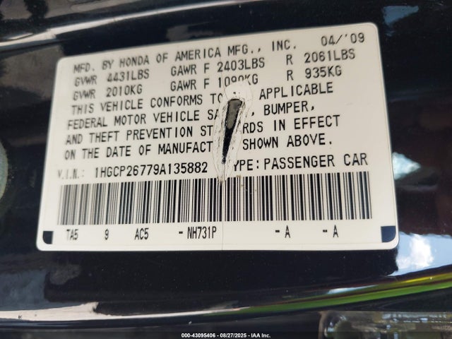 Aukcja sprzedaży 2009 Honda Accord 2.4 Ex, vin: 1HGCP26779A135882, numer aukcji: 43095406
