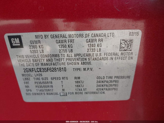 Chevrolet lfx - sidi, vvt, e85 max, alum 2015 2GNFLCE35F6281810 Image 9