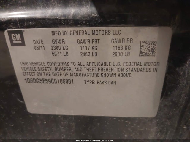 Aukcja sprzedaży 2012 Cadillac Cts Luxury, vin: 1G6DG5E59C0106081, numer aukcji: 43095472