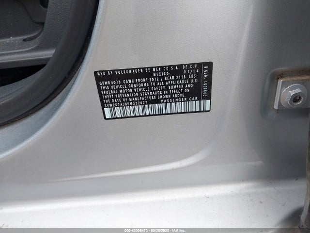 2014 Volkswagen Jetta 2.0l S მანქანა იყიდება აუქციონზე, vin: 3VW2K7AJ8EM332627, აუქციონის ნომერი: 43095473