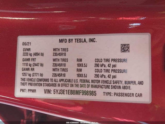 2021 TESLA MODEL 3 5YJ3E1EB8MF998985 Photo 8