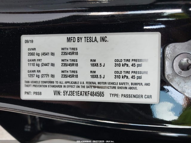2019 TESLA MODEL 3 5YJ3E1EA7KF484565 Photo 8