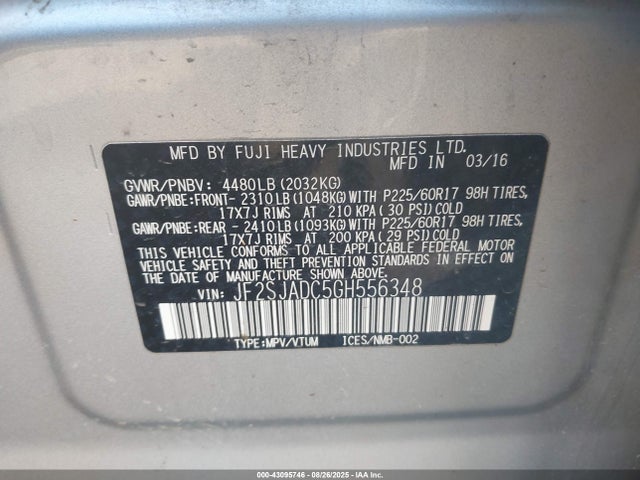 Subaru naturally aspirated u5 2016 JF2SJADC5GH556348 Image 9