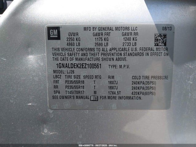 1GNALDEK2EZ100561 Chevrolet lea - flex fuel (gas/alc), aluminum, high output