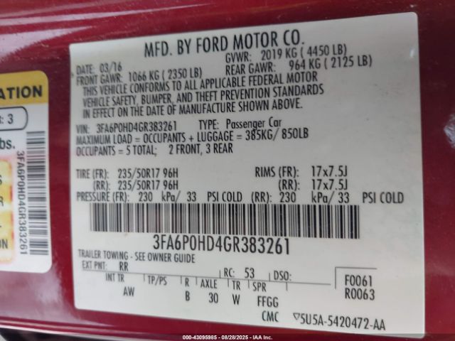 2016 FORD FUSION 3FA6P0HD4GR383261 Photo 8