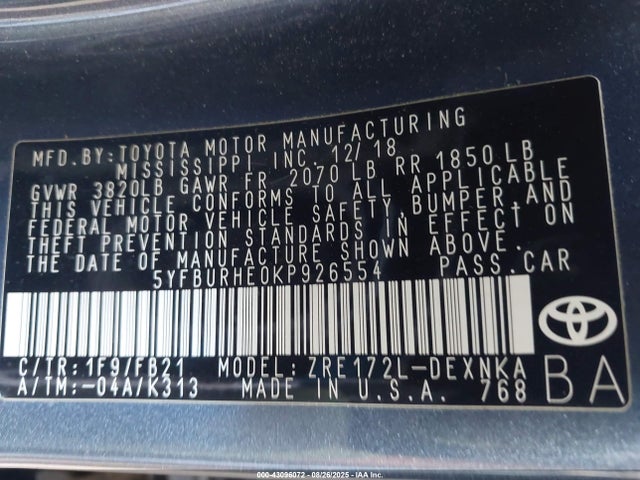 Toyota 2zr-fe 2019 5YFBURHE0KP926554 Image 9