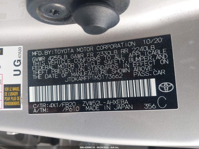 JTDKAMFP1M3173662 Toyota 2zr-fxe, 1nm+1sm