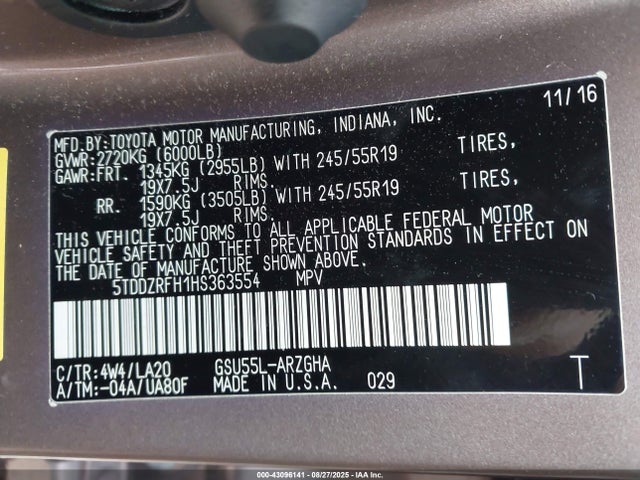 Toyota 2gr-fks 2017 5TDDZRFH1HS363554 Image 9