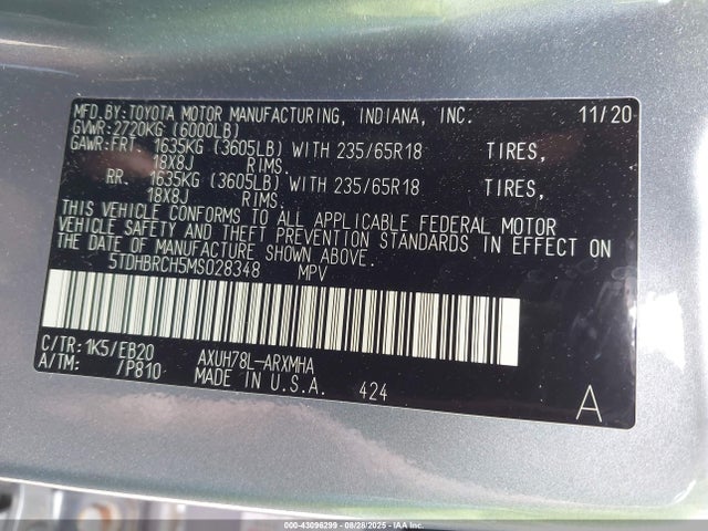 Aukcja sprzedaży 2021 Toyota Highlander Hybrid Xle, vin: 5TDHBRCH5MS028348, numer aukcji: 43096299