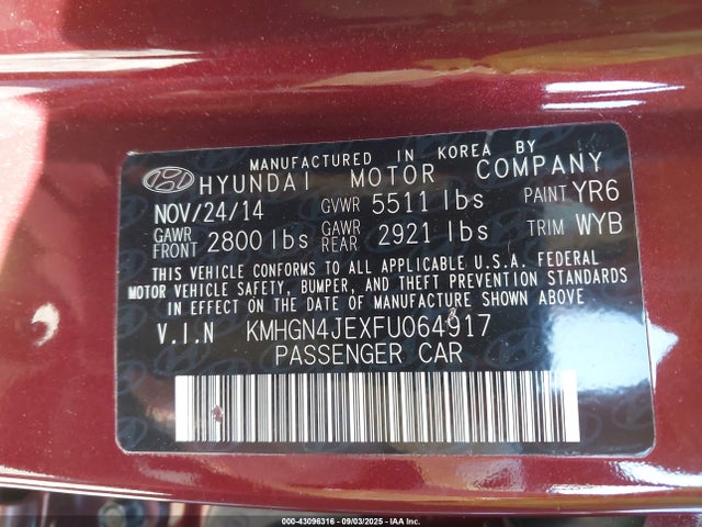 KMHGN4JEXFU064917 Hyundai gasoline 3.8 dohc mpi lambda