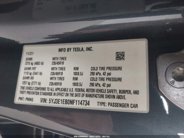 Tesla MODEL 3 2022 5YJ3E1EB0NF114734 Image 9