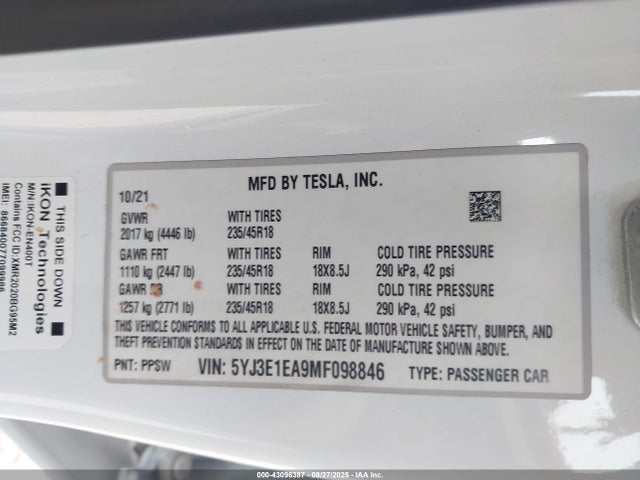 2021 TESLA MODEL 3 5YJ3E1EA9MF098846 Photo 8