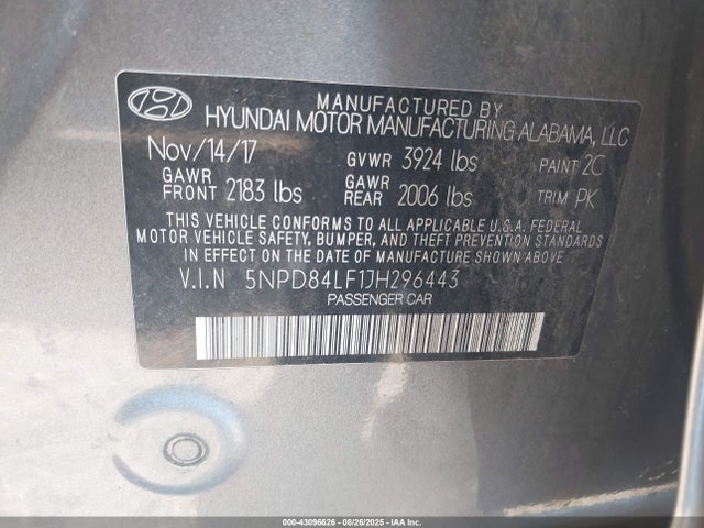 5NPD84LF1JH296443 Hyundai mpi nu