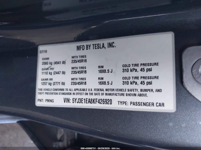 Tesla MODEL 3 2019 5YJ3E1EA8KF426920 Image 9