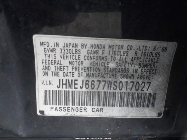 Продажа на аукционе авто 1998 Honda Civic Lx, vin: JHMEJ6677WS017027, номер лота: 43096789