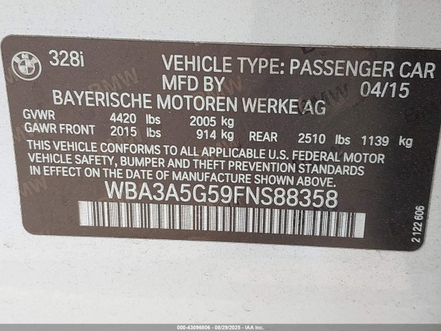 BMW 328I 2015 WBA3A5G59FNS88358 Image 9