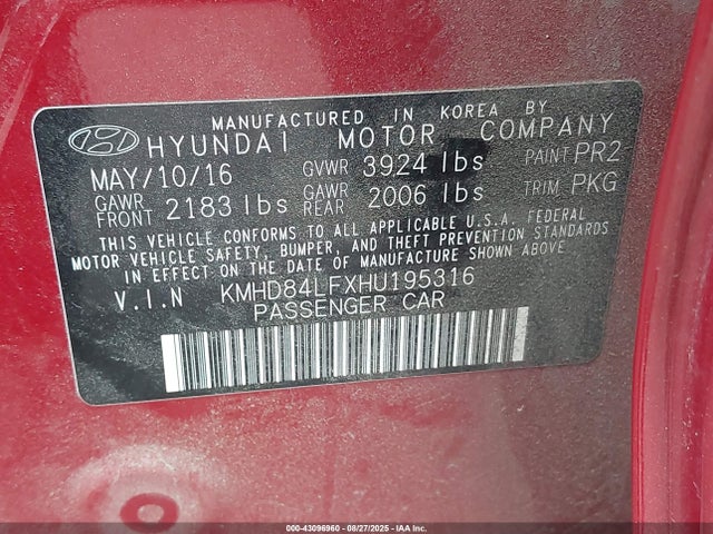 KMHD84LFXHU195316 Hyundai Elantra
