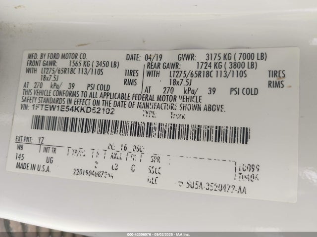 Ford 5.0l 4v 2019 1FTEW1E54KKD52102 Image 9