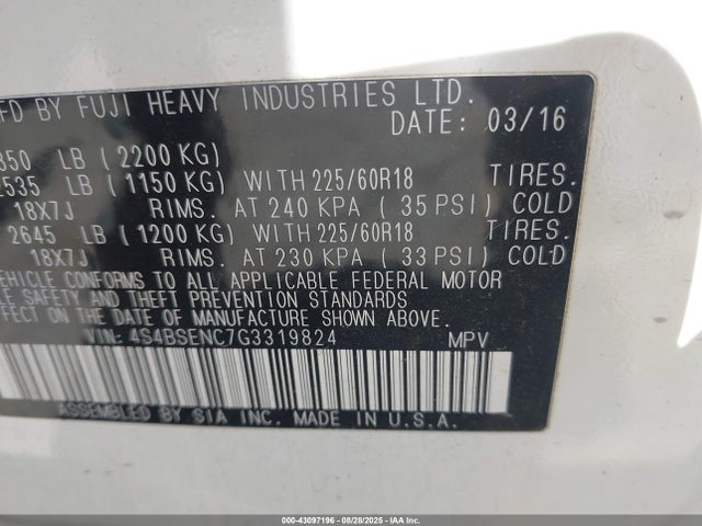 Продаж на аукціоні авто 2016 Subaru Outback 3.6r Limited, vin: 4S4BSENC7G3319824, номер лоту: 43097196