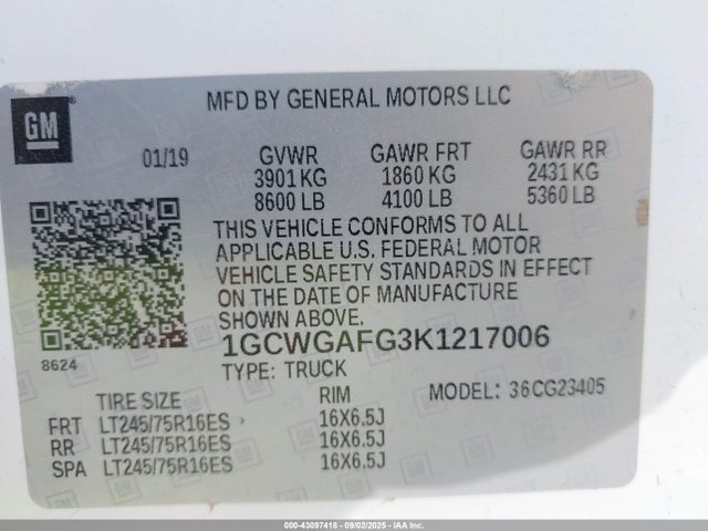 1GCWGAFG3K1217006 Chevrolet l96 - engine flexible fuel, iron
