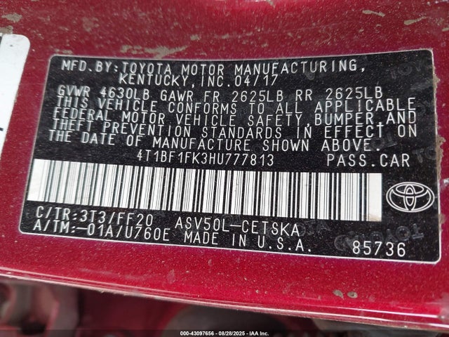 Toyota 2ar-fe 2017 4T1BF1FK3HU777813 Image 9