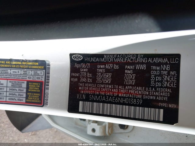 5NMJA3AE6NH013839 Hyundai gdi theta iii