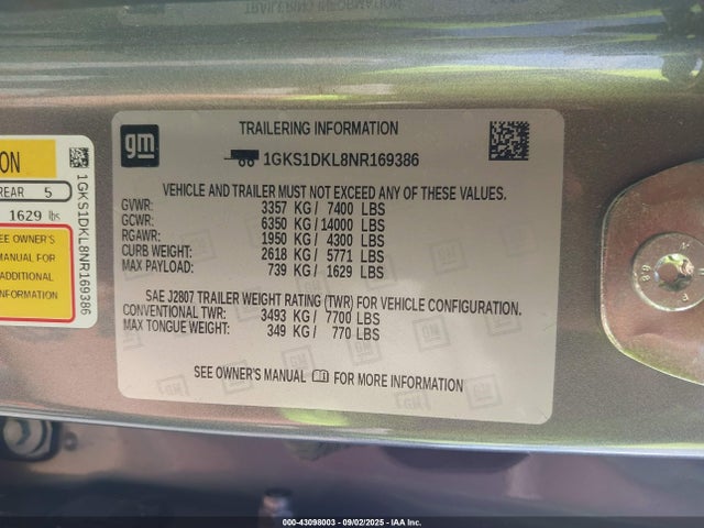 1GKS1DKL8NR169386 GMC l87 - di dfm, alum, gen 5