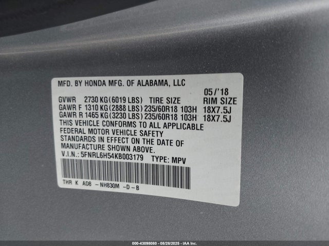 5FNRL6H54KB003179 Honda j35y7