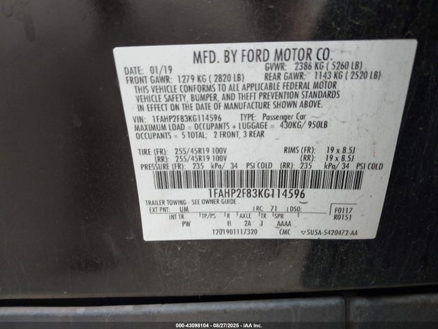 1FAHP2F83KG114596 Ford 2019