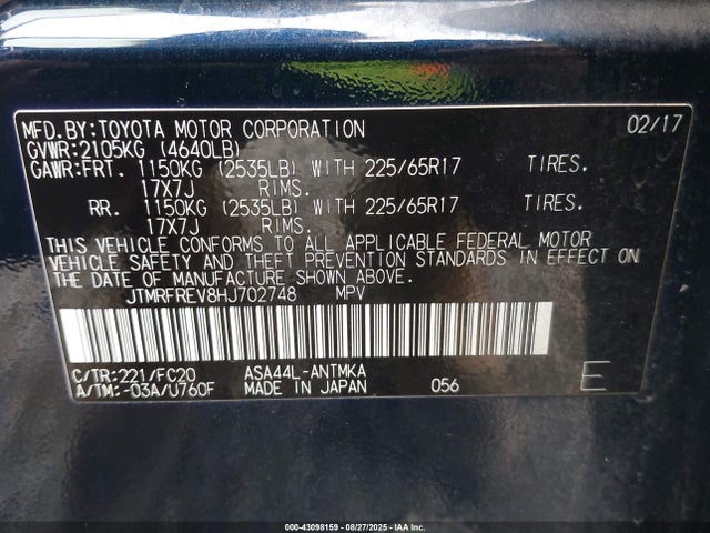 Toyota 2ar-fe 2017 JTMRFREV8HJ702748 Image 9