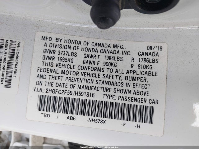 Honda k20c2 2018 2HGFC2F59JH591816 Image 9
