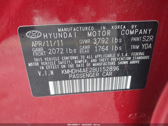 Aukcja sprzedaży 2011 Hyundai Elantra Limited (ulsan Plant), vin: KMHDH4AE2BU152896, numer aukcji: 43098211