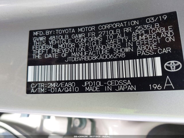 Toyota 4jm 2019 JTDBVRBD8KA006298 Image 9