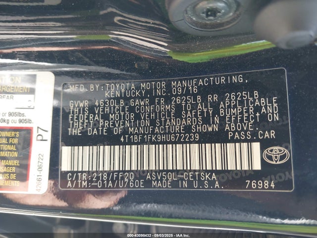 4T1BF1FK9HU672239 Toyota 2ar-fe