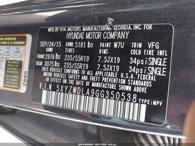 5XYZWDLA9GG350538 Hyundai t-gdi theta ii