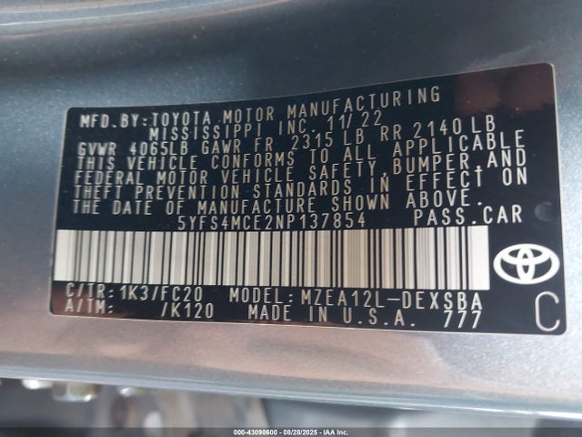 5YFS4MCE2NP137854 Toyota m20a-fks