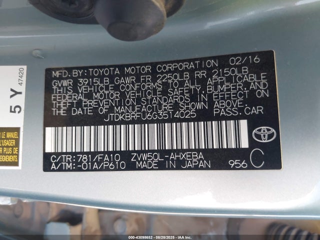 JTDKBRFU6G3514025 Toyota 2zr-fxe,1nm