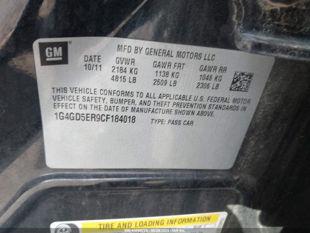 Aukcja sprzedaży 2012 Buick Lacrosse Premium 1 Group, vin: 1G4GD5ER9CF184018, numer aukcji: 43098730