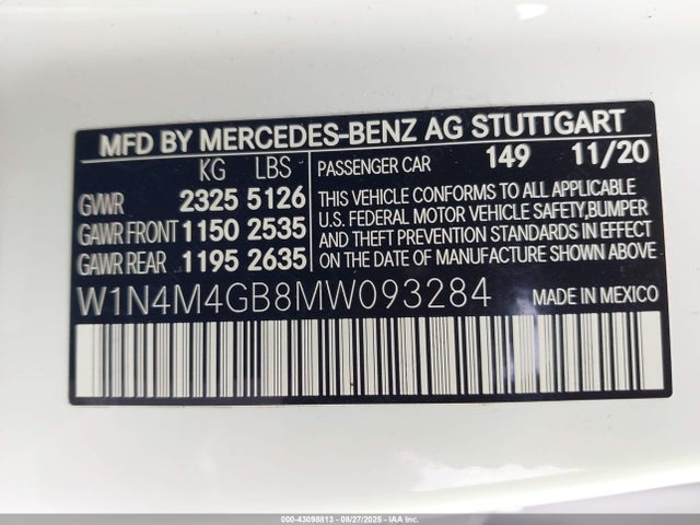 2021 Mercedes-benz Glb 250 მანქანა იყიდება აუქციონზე, vin: W1N4M4GB8MW093284, აუქციონის ნომერი: 43098813
