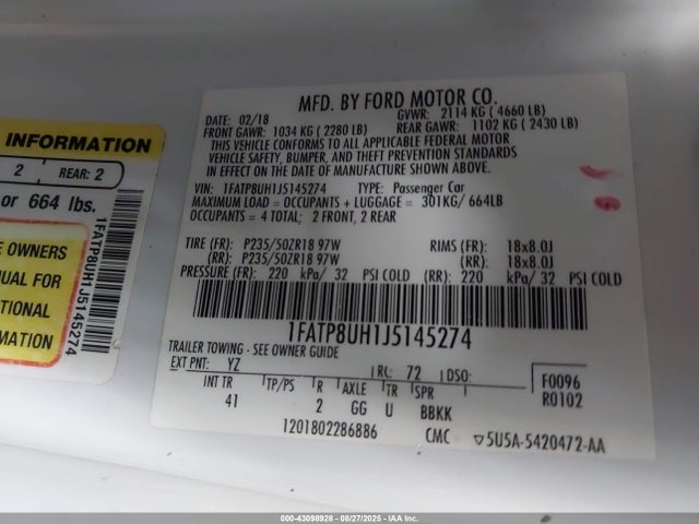 Ford 2.3l 4v premium fuel 2018 1FATP8UH1J5145274 Image 9