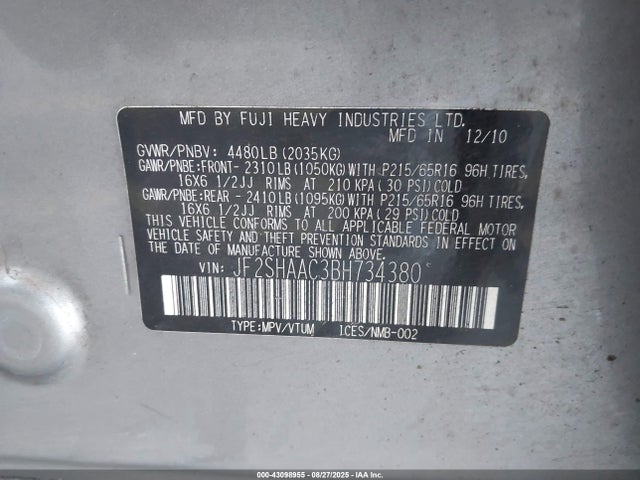 Продаж на аукціоні авто 2011 Subaru Forester 2.5x, vin: JF2SHAAC3BH734380, номер лоту: 43098955