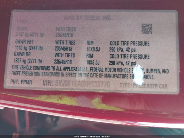 2022 TESLA MODEL 3 5YJ3E1EA6NF112770 Photo 8