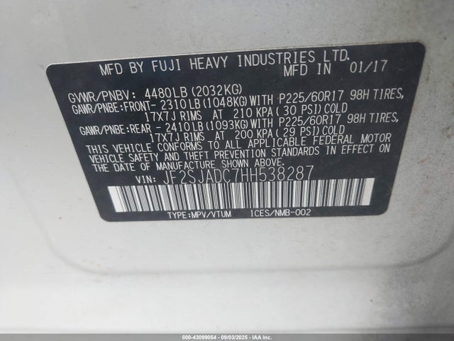 Subaru naturally aspirated u5 2017 JF2SJADC7HH538287 Image 9