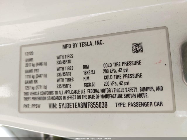 2021 TESLA MODEL 3 5YJ3E1EA8MF855039 Photo 8