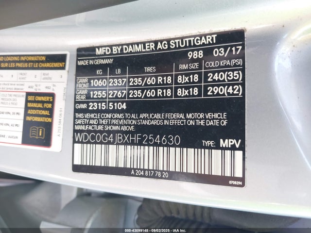 WDC0G4JBXHF254630 Mercedes-Benz m274