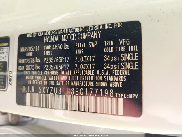 5XYZU3LB3EG177198 Hyundai gdi theta