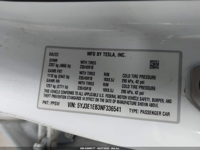 2022 TESLA MODEL 3 5YJ3E1EB3NF336541 Photo 8
