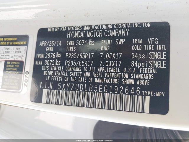 5XYZUDLB5EG192646 Hyundai gdi theta